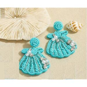 Turquoise Seed Beaded Shell Earrings Beach Cruise Poolside